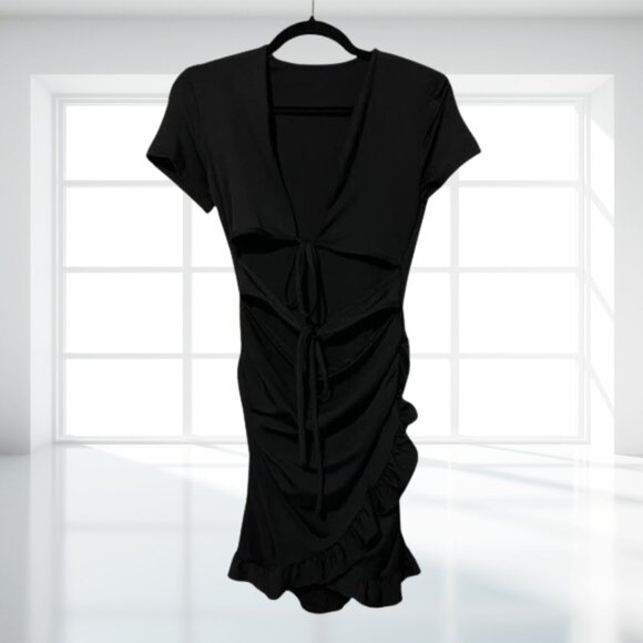 Effordram Black Tie-Front Cutout Ruffle Mini Dress Club Party Bodycon M - Picture 3 of 11